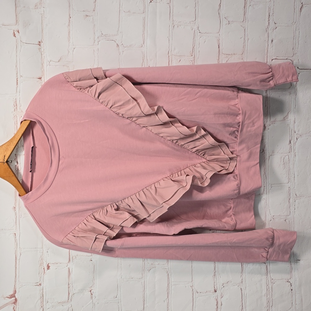 Simplee Dropshoulder Ruffled Sleeve Sweatshirt Casual Oversized Pink Pullover S
